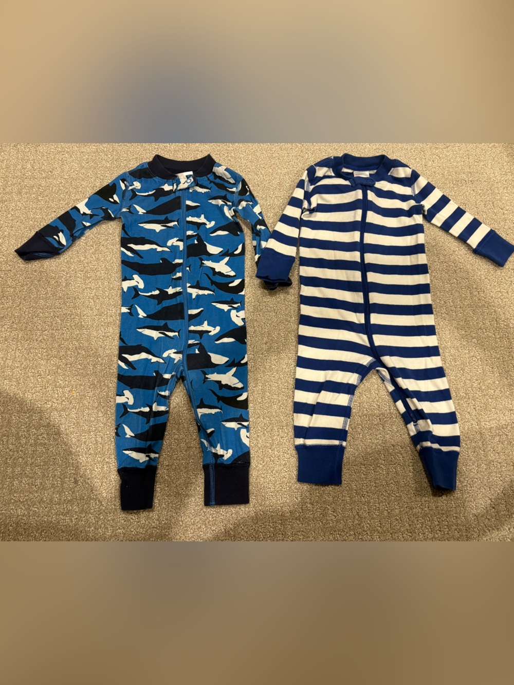 Hanna Andersson Blue Shark and Navy Stripe Kids One-Piece Footies